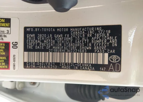 2019 Toyota Corolla Le from USA, damaged, VIN 2T1BURHE3KC221683